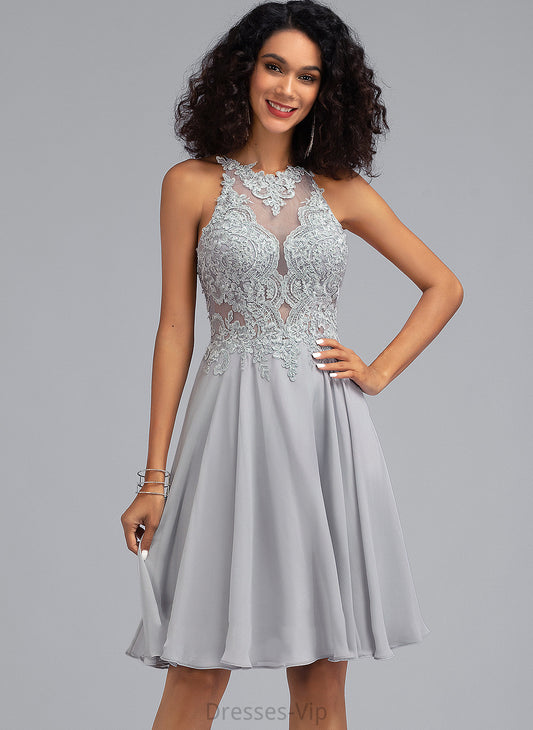 A-Line Lace Neck Sequins Cocktail Dresses With Millie Scoop Knee-Length Dress Cocktail Chiffon