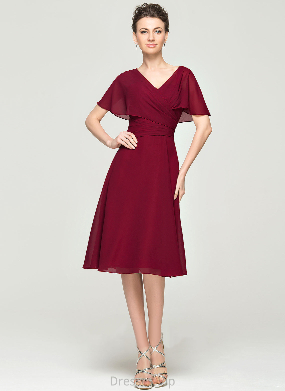 Cocktail Dresses With Knee-Length Gretchen Cocktail Dress A-Line Chiffon V-neck Ruffle