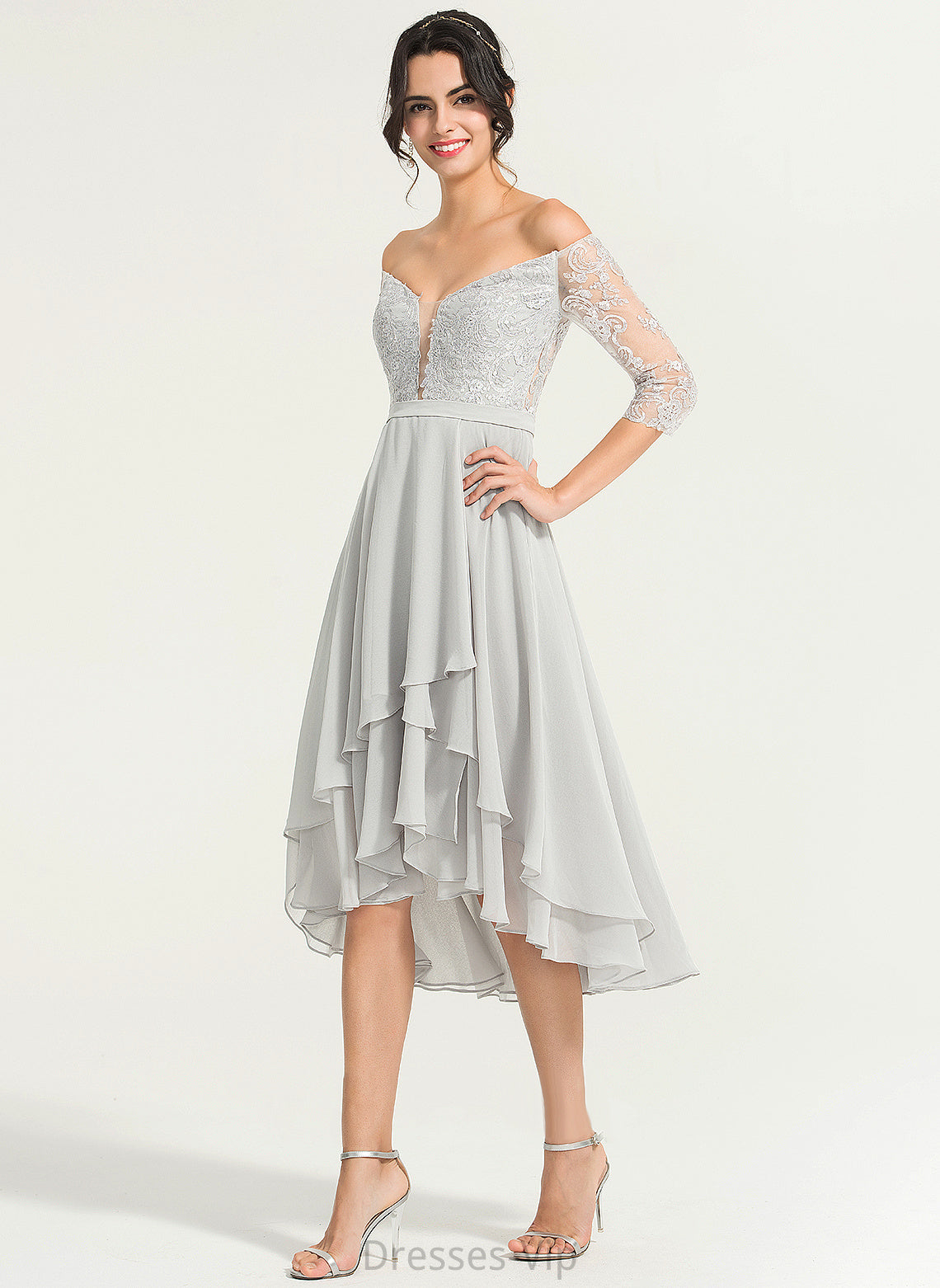 A-Line Cocktail Cocktail Dresses Beading Dress Chiffon With Lace Lindsay Asymmetrical Off-the-Shoulder