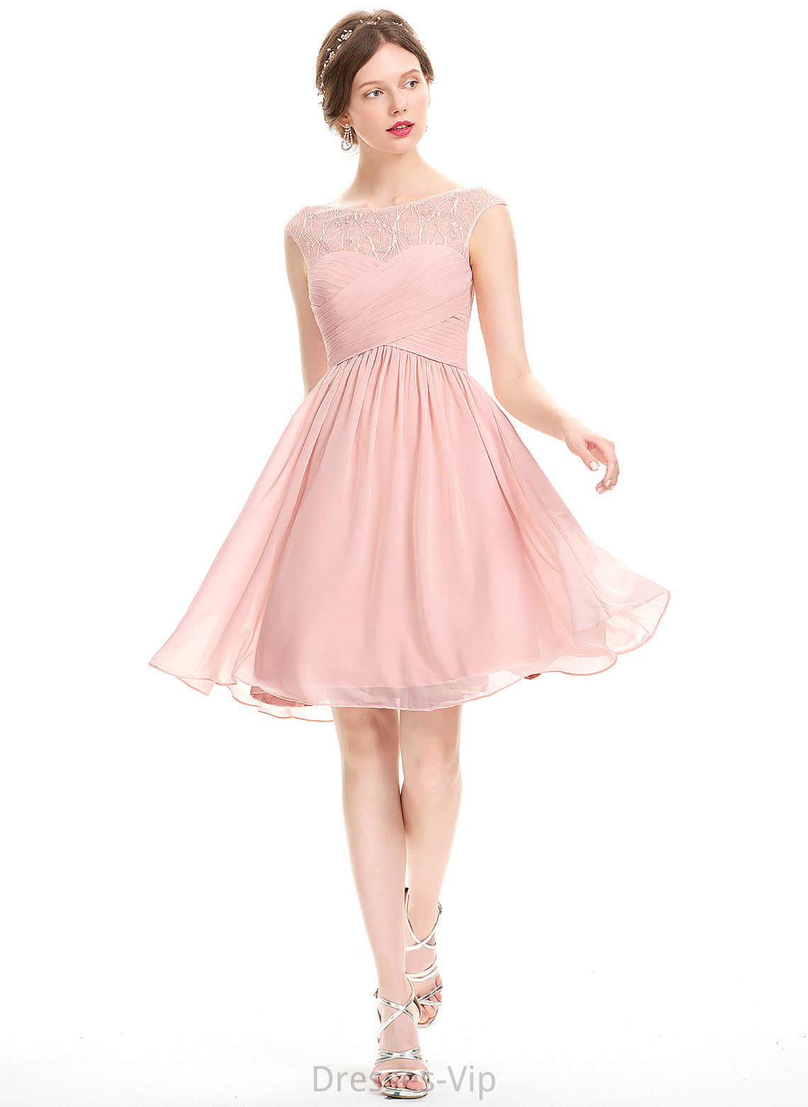 Cecilia With Homecoming A-Line Chiffon Dress Homecoming Dresses Lace Beading Knee-Length Scoop Neck Ruffle