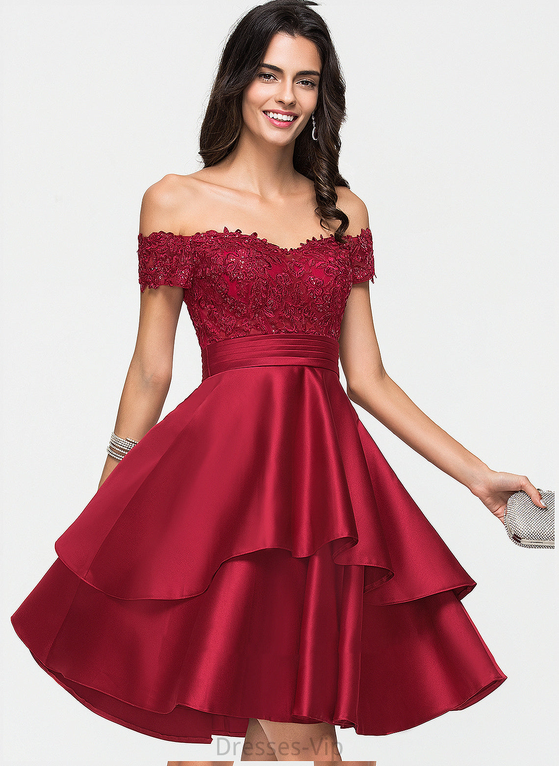 Knee-Length Satin A-Line Lace Homecoming With Mckenzie Homecoming Dresses Sequins Off-the-Shoulder Dress