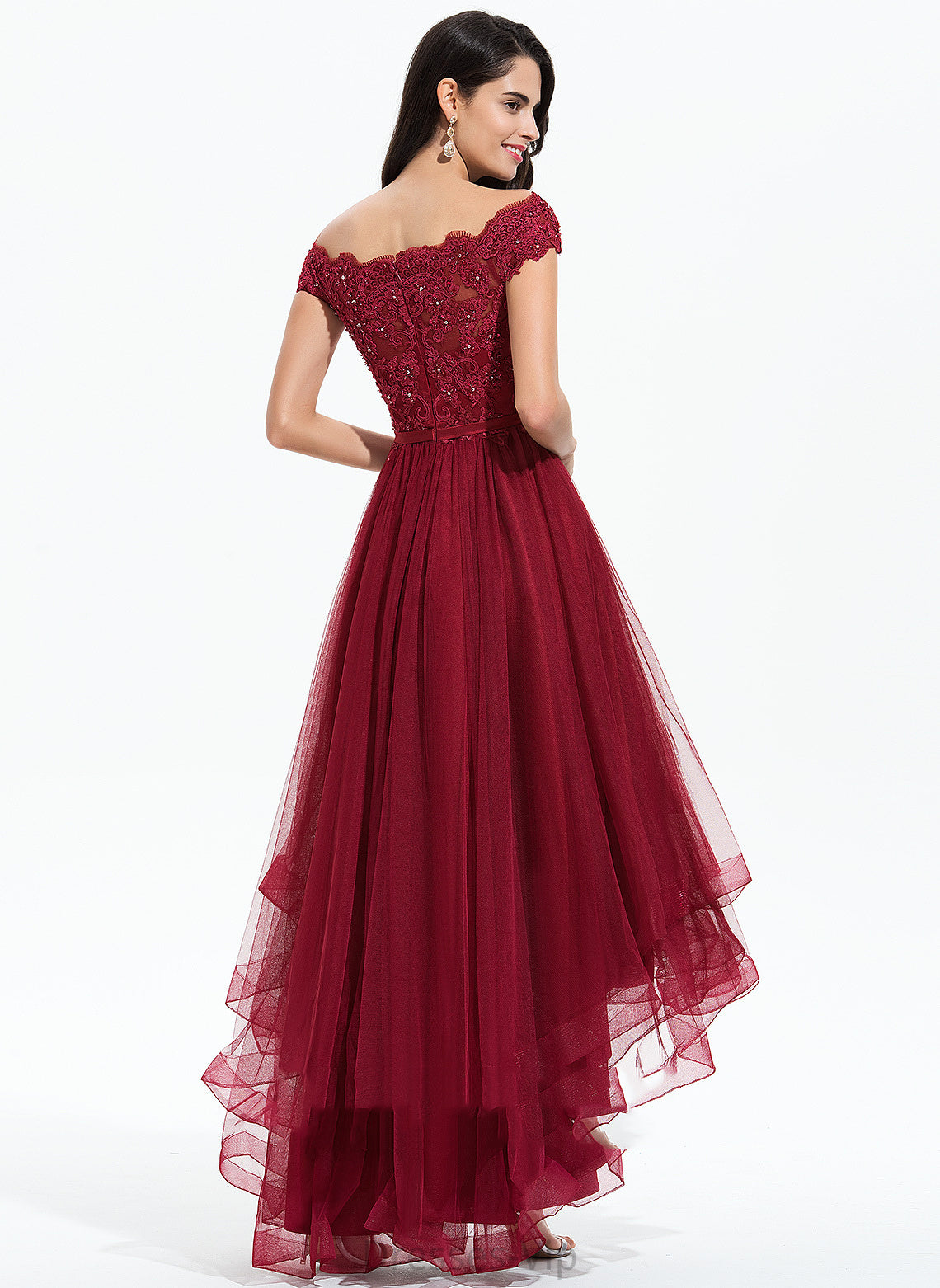 Beading With Bow(s) Asymmetrical Homecoming Dresses Homecoming Dress A-Line Tulle Off-the-Shoulder Lace Jade