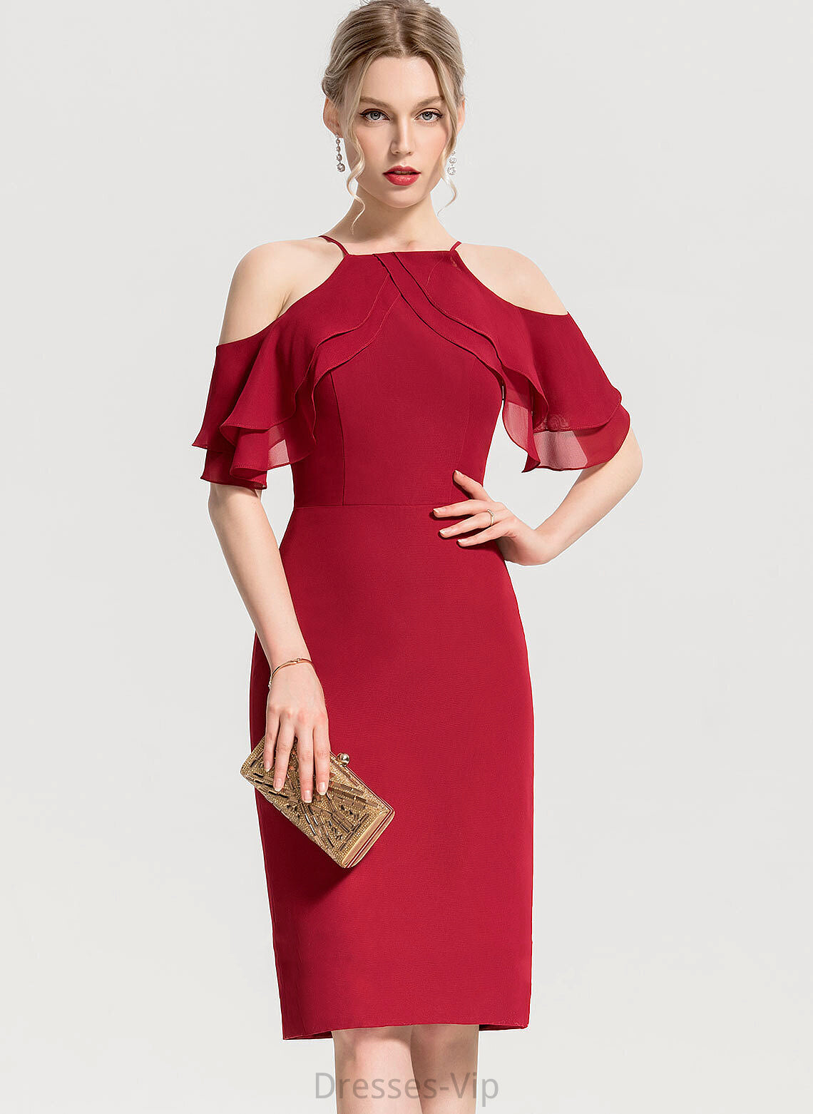 Evangeline Cascading Knee-Length Ruffles Cocktail With Chiffon Cocktail Dresses Dress Square Sheath/Column Neckline