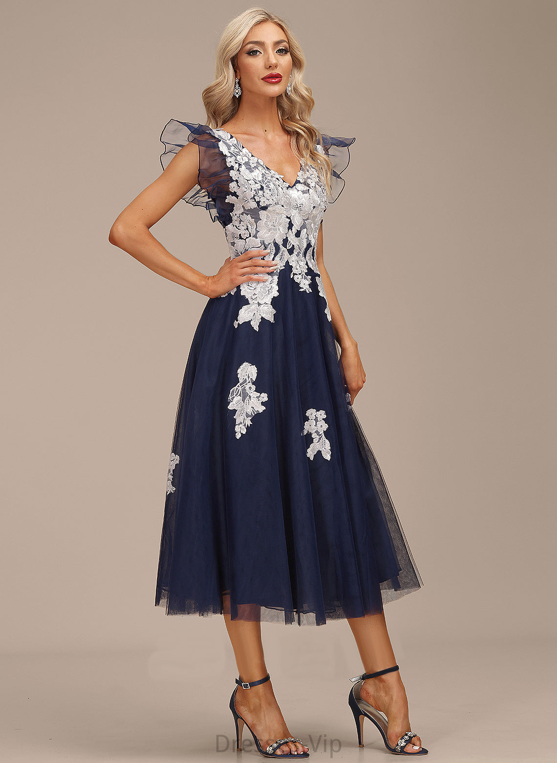 Brenda Cocktail Tea-Length Organza With V-neck Dress Cocktail Dresses A-Line Lace Appliques