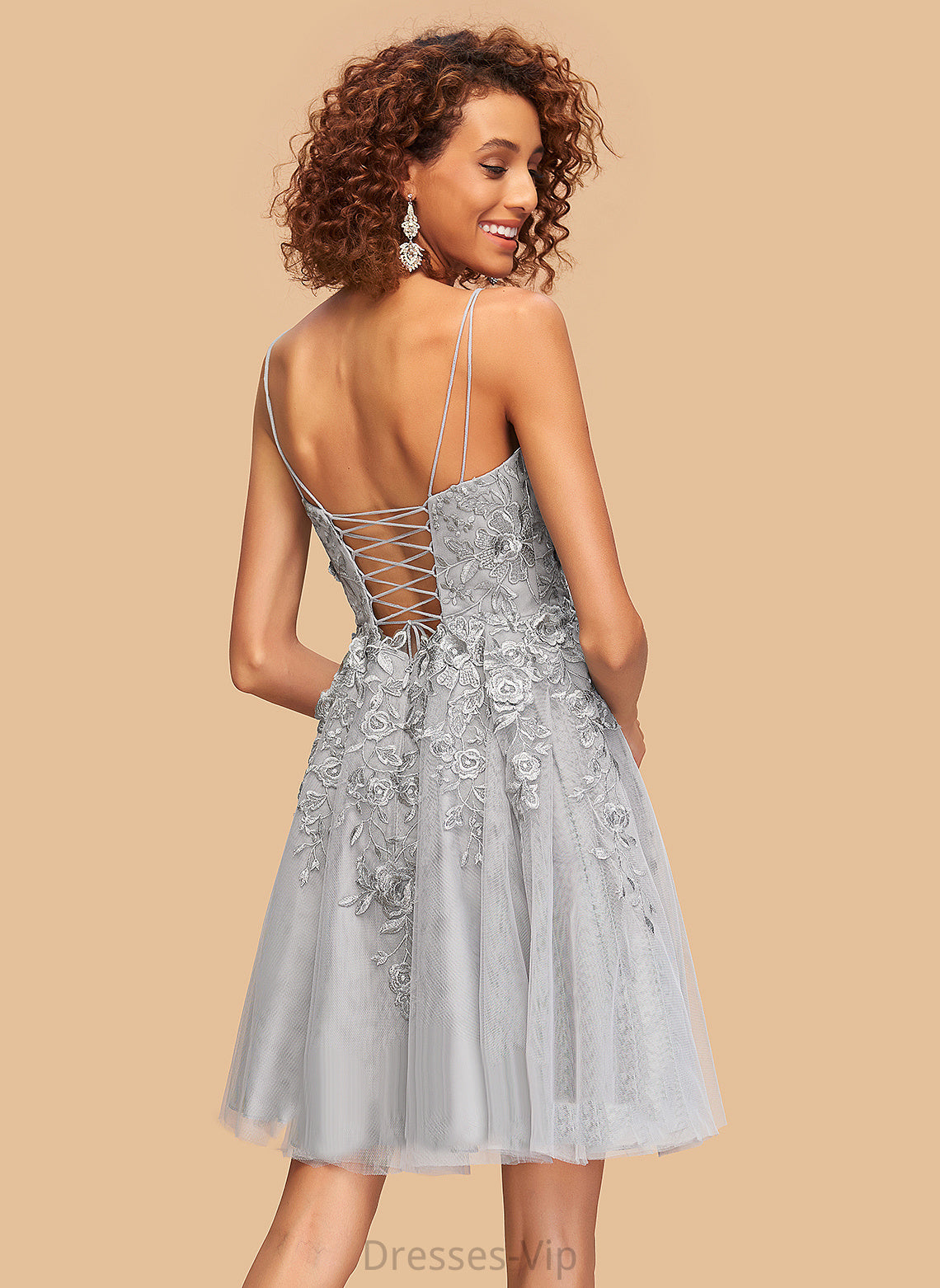 Short/Mini Homecoming Dresses A-Line V-neck Monica Tulle With Lace Dress Homecoming