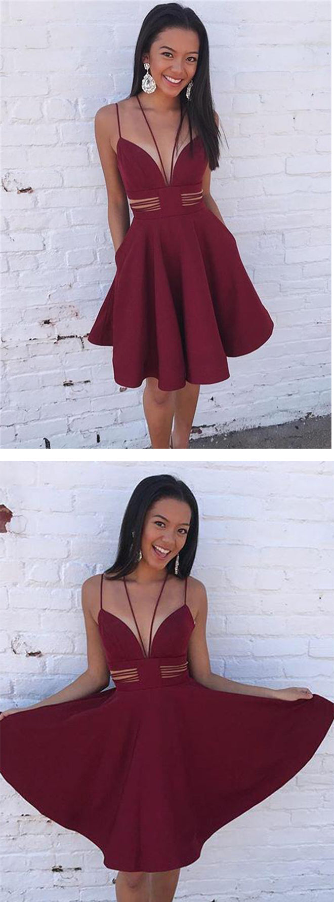 Elegant Burgundy Satin V Neck Sleeveless Short Homecoming Dresses