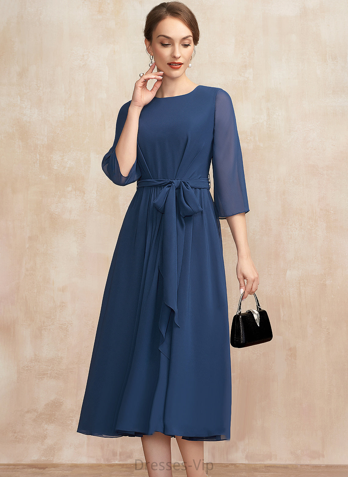 A-Line With Cocktail Neck Scoop Gia Tea-Length Chiffon Cocktail Dresses Bow(s) Ruffle Dress