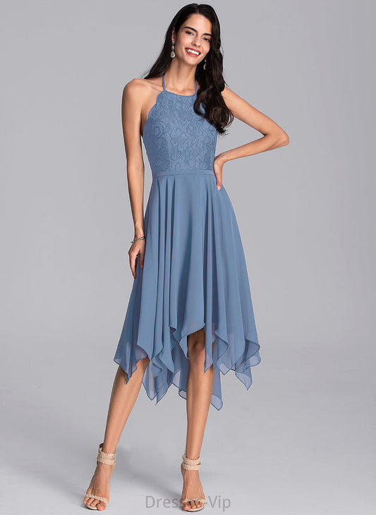 Asymmetrical A-Line Halter With Chiffon Dress Lace Homecoming Haylee Homecoming Dresses