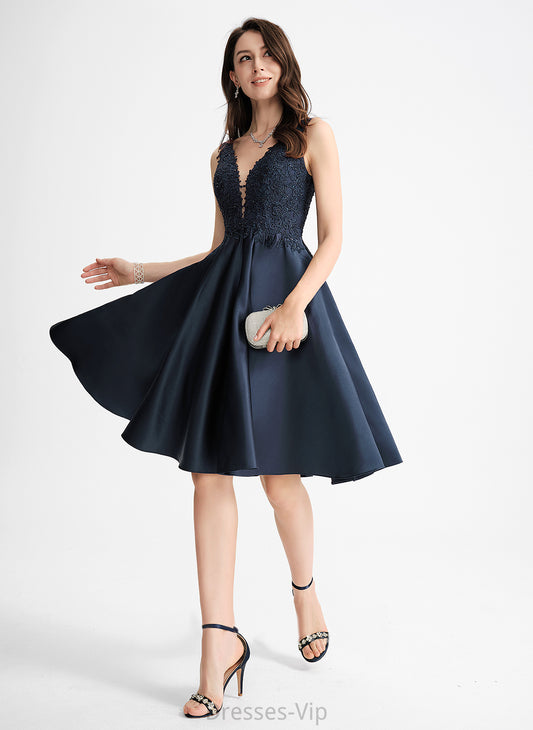 Dress V-neck Homecoming Knee-Length With Makena Satin A-Line Lace Homecoming Dresses Beading