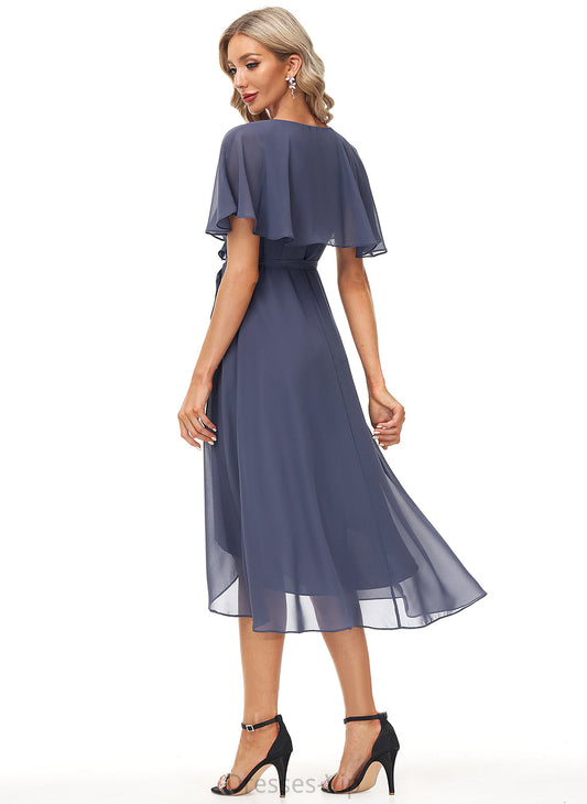 Sash Marlene Tea-Length Front A-Line Cocktail Cocktail Dresses Chiffon V-neck Split Dress With