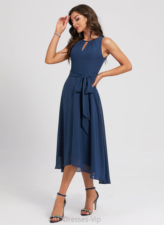 Frederica Cocktail With Dress Scoop Sash A-Line Asymmetrical Chiffon Neck Cocktail Dresses