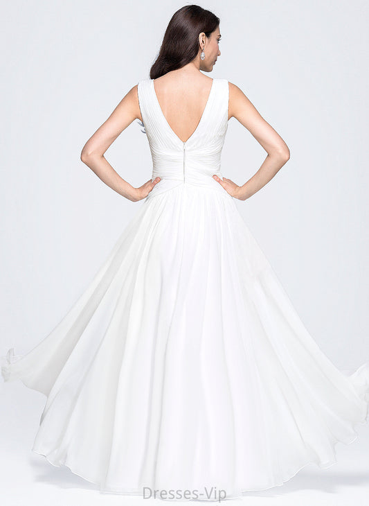 Chiffon Wedding Dress V-neck Pleated With Penny Wedding Dresses Floor-Length A-Line