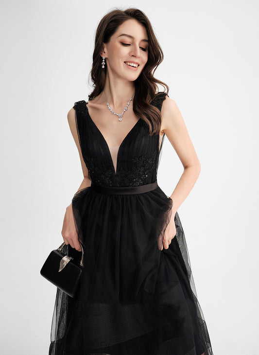 With Asymmetrical A-Line Tulle Cocktail Dress Cocktail Dresses Daisy Sequins Lace V-neck