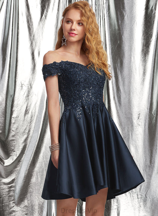 Satin Homecoming With Julianne Homecoming Dresses Off-the-Shoulder A-Line Short/Mini Lace Dress