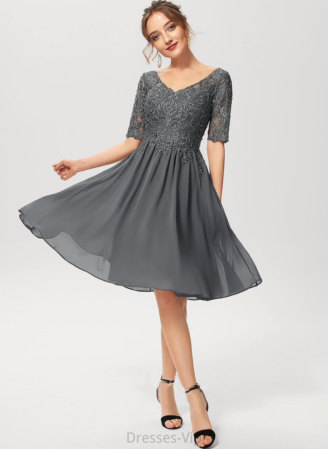 Cocktail Beading A-Line Knee-Length Yvonne Sequins Lace With Dress Chiffon V-neck Cocktail Dresses