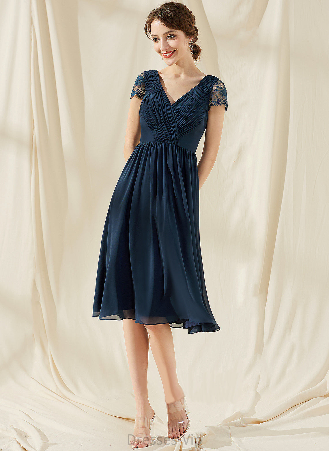 Chiffon With Homecoming Dresses A-Line Ruffle Lace Homecoming Mackenzie Dress Knee-Length V-neck