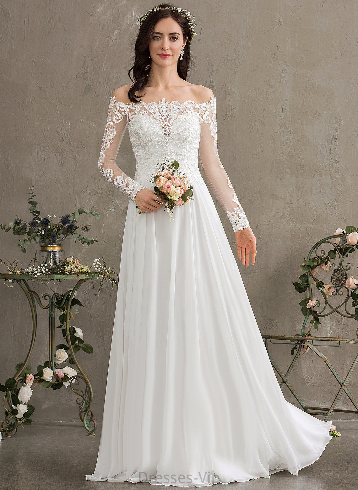 Keely Lace Dress Chiffon Off-the-Shoulder Floor-Length Wedding A-Line Wedding Dresses