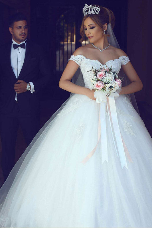 Gorgeous Ball Gown Floor Length Off The Shoulder Princess Wedding Dresses With Appliques