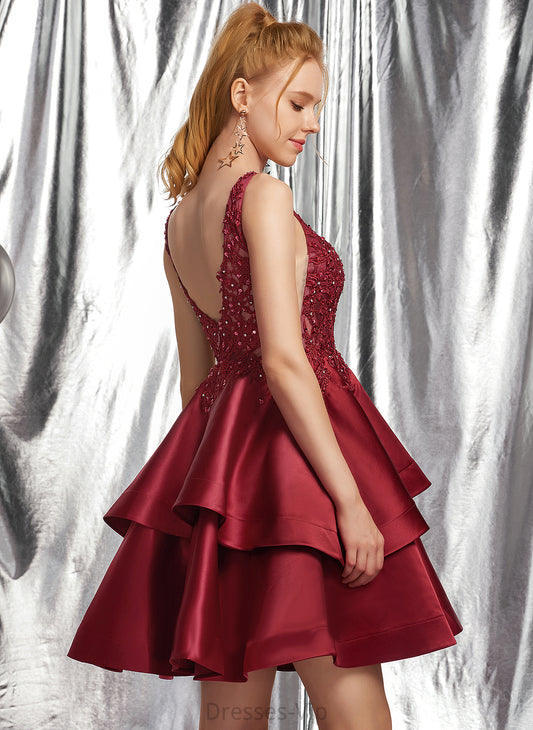 V-neck With Lace A-Line Dress Sequins Satin Short/Mini Beading Homecoming Dresses Homecoming Jade