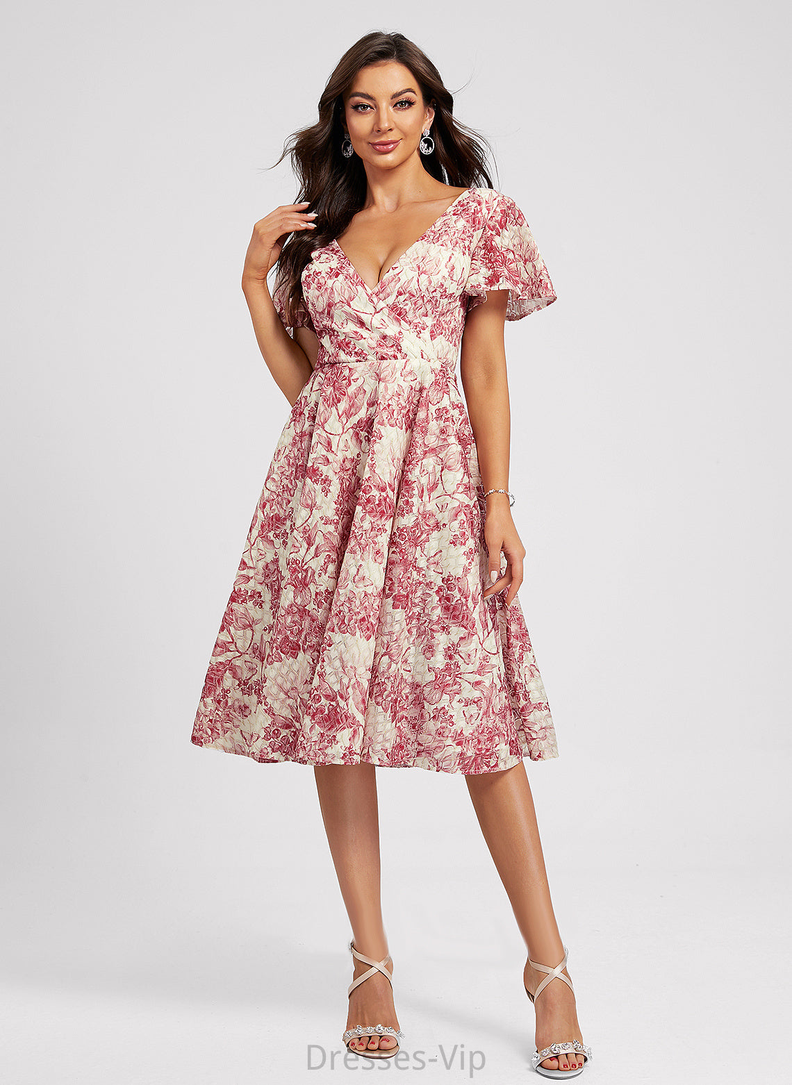 Knee-Length Dress Flower(s) Cocktail V-neck Novia Lace Cocktail Dresses With A-Line