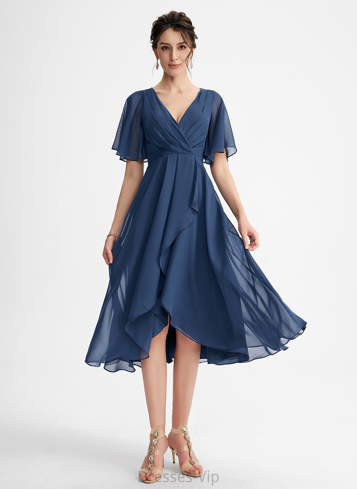 Ruffle A-Line V-neck Cocktail Chiffon With Dress Madeleine Asymmetrical Cocktail Dresses