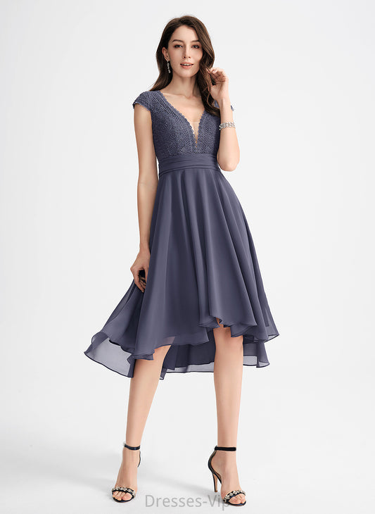 Asymmetrical With Chiffon Cocktail Dress Pleated V-neck A-Line Cocktail Dresses Makenna Lace