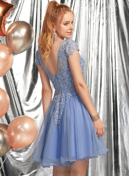 Tulle Scoop With Homecoming A-Line Neck Homecoming Dresses Dress Lace Lace Appliques Beading Madeleine Short/Mini