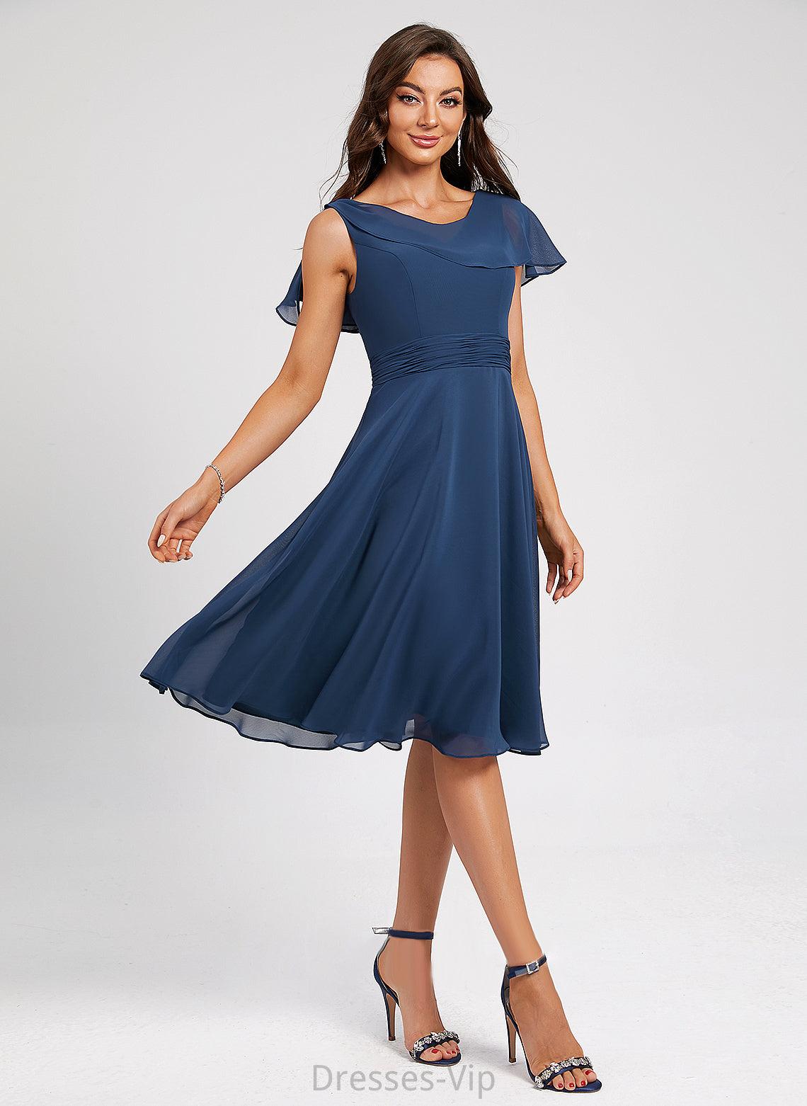 A-Line Regan Cocktail Ruffle Cocktail Dresses Chiffon Dress Knee-Length With Scoop Neck Pleated