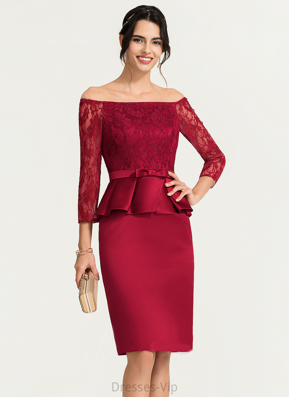 Cocktail Dresses Knee-Length Lace Josie Cocktail Dress Sheath/Column Satin Off-the-Shoulder