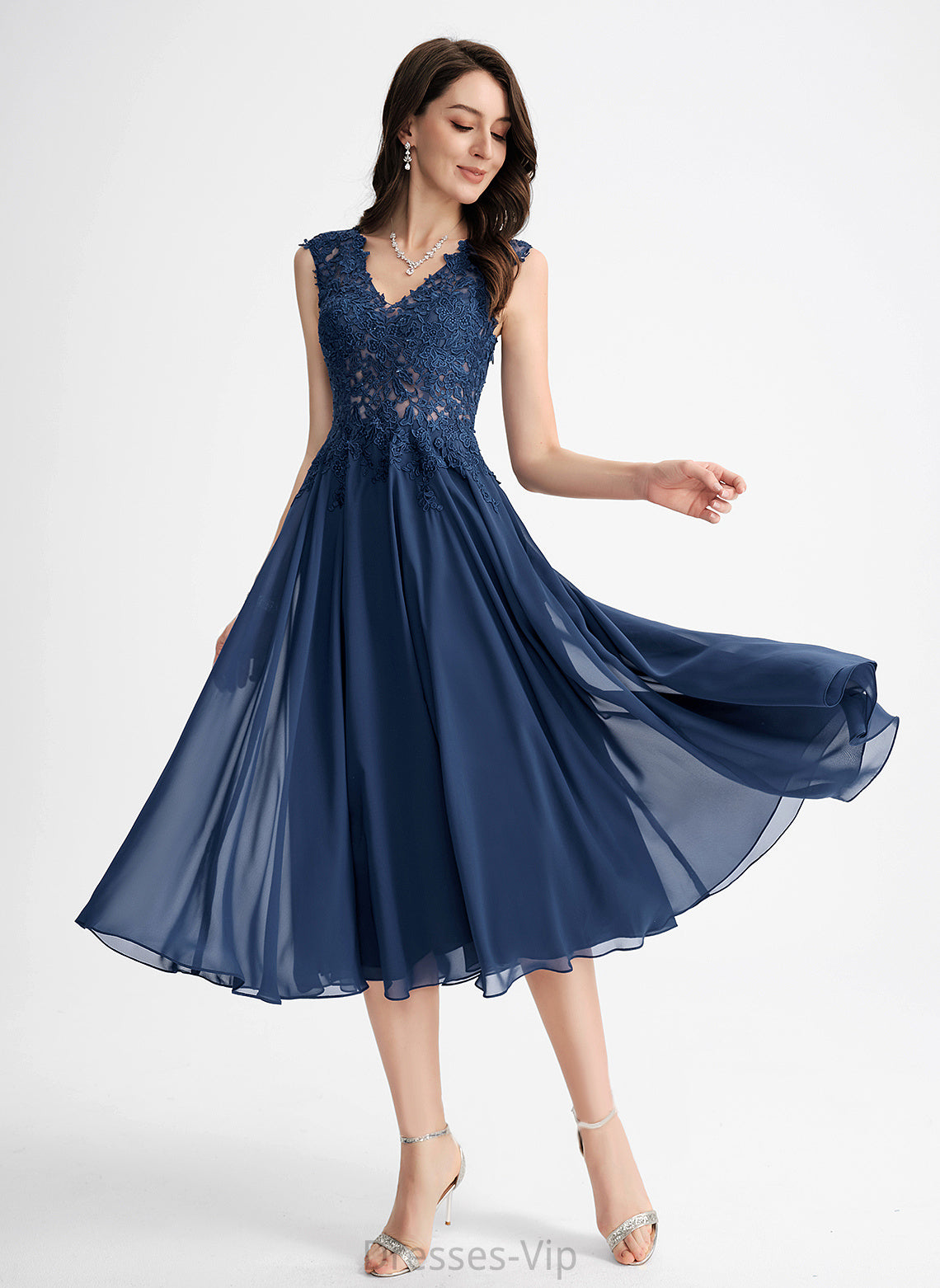 Lace Chiffon Tea-Length A-Line Cocktail Cocktail Dresses V-neck Deborah Dress