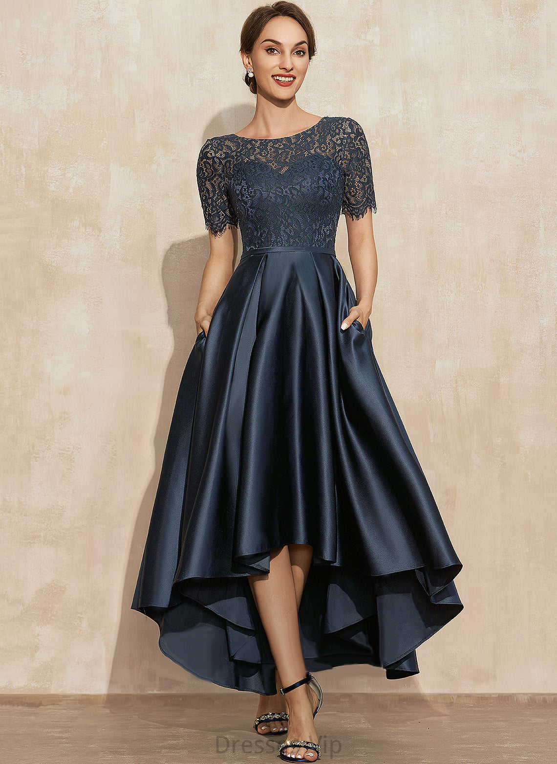 Gemma Satin With A-Line Lace Pockets Cocktail Dresses Dress Scoop Asymmetrical Neck Cocktail