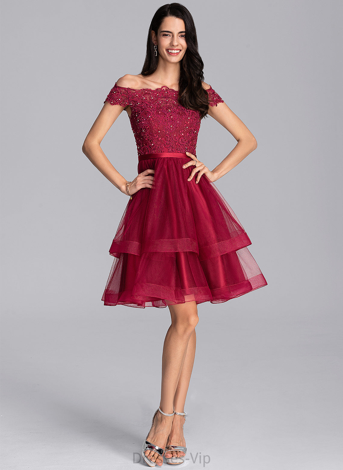 Off-the-Shoulder A-Line Dress Danna Beading Homecoming Dresses Knee-Length Tulle With Lace Sequins Homecoming