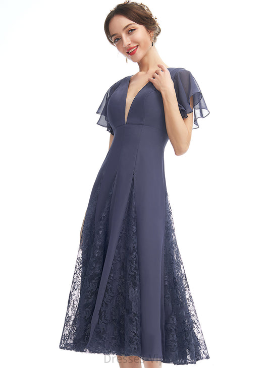 Cocktail A-Line Knee-Length Ruffle With Chiffon Janice Cocktail Dresses Dress Lace V-neck