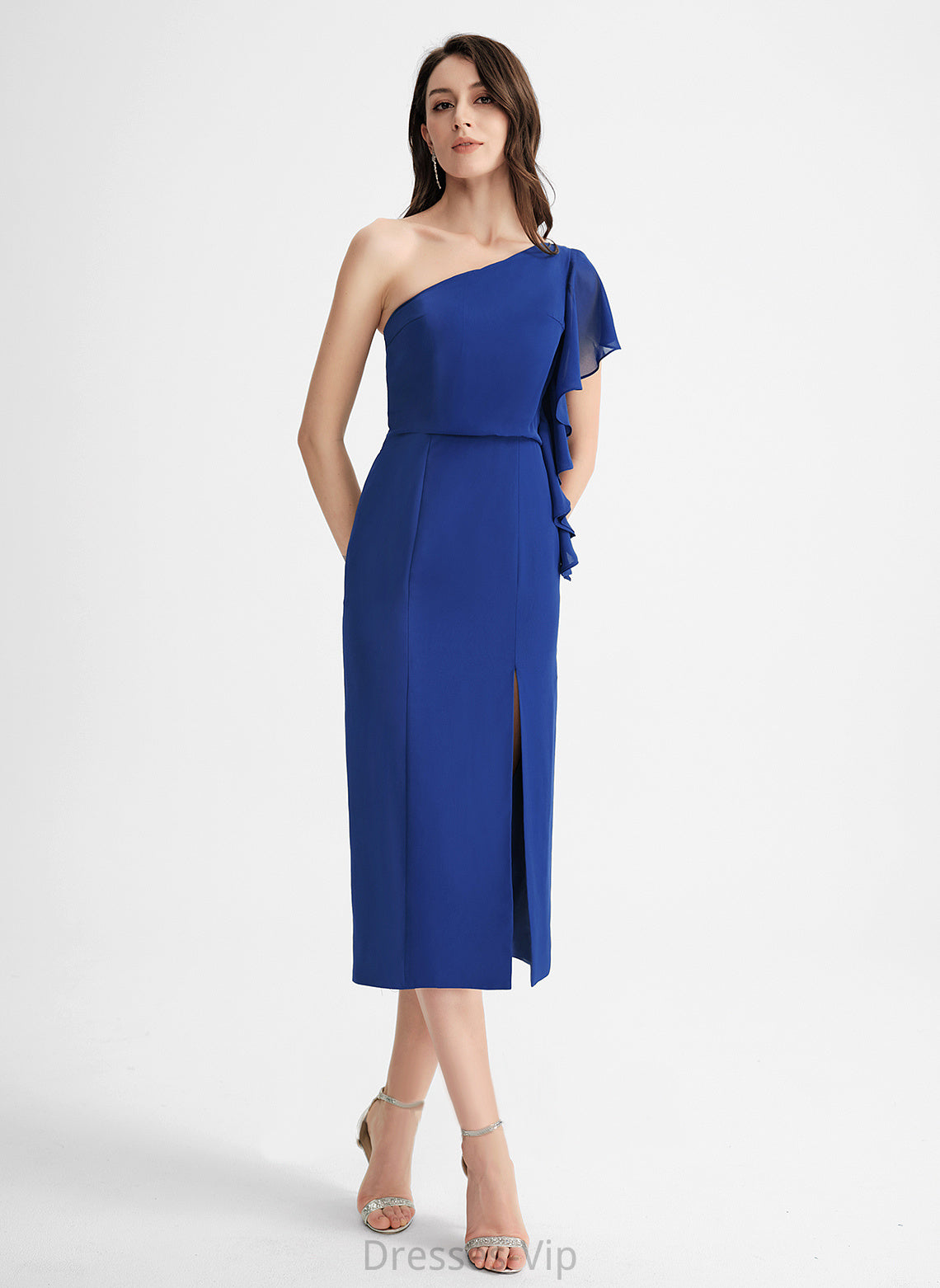 Chiffon Cocktail Sheath/Column One-Shoulder Dress With Ruffle Shiloh Cocktail Dresses Tea-Length