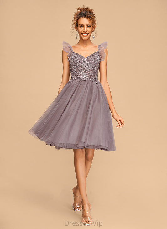 Tulle Homecoming V-neck A-Line Cascading Monique Dress Knee-Length Lace With Homecoming Dresses Ruffles