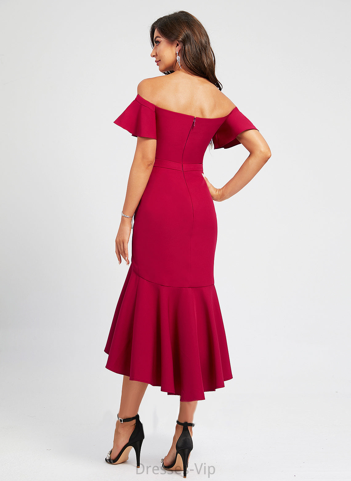 Trumpet/Mermaid Ruffle Crepe With Dress Off-the-Shoulder Stretch Cocktail Dresses Cocktail Pru Asymmetrical