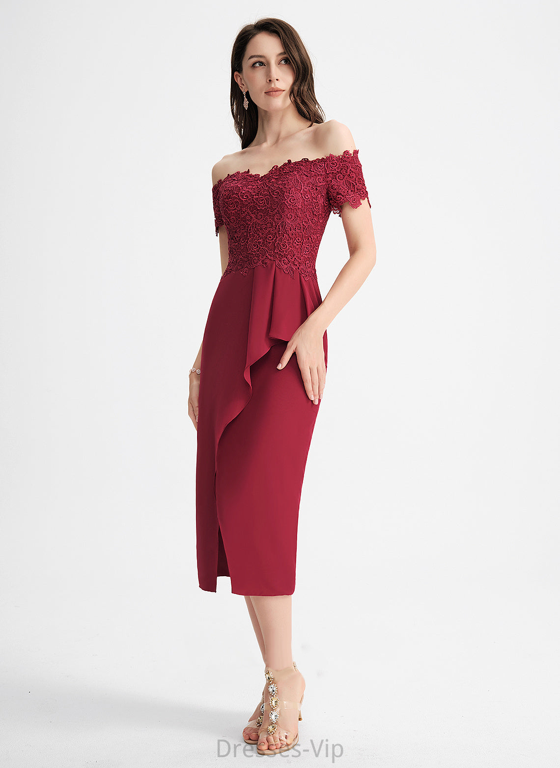 Lace Dylan Cocktail Chiffon Cocktail Dresses Tea-Length Dress Off-the-Shoulder Sheath/Column