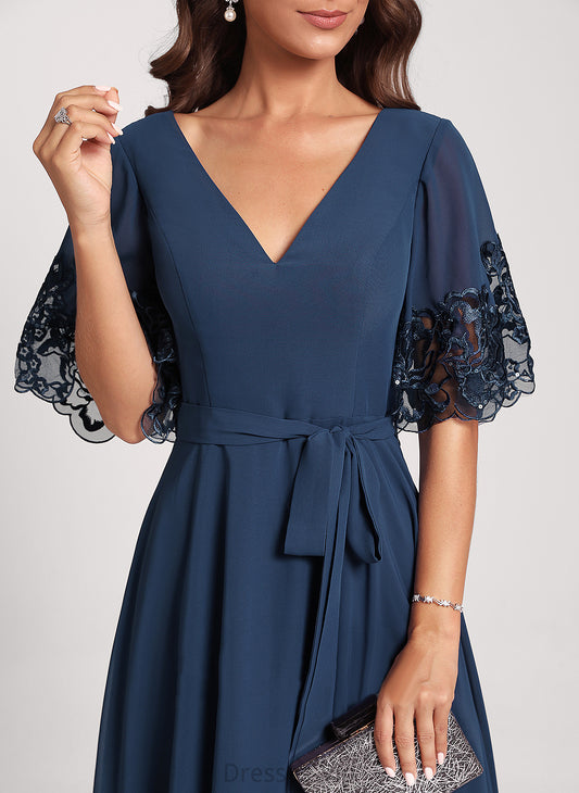 Tea-Length Club Dresses Sequins Cocktail A-Line Kennedy Lace With Chiffon V-neck Dress