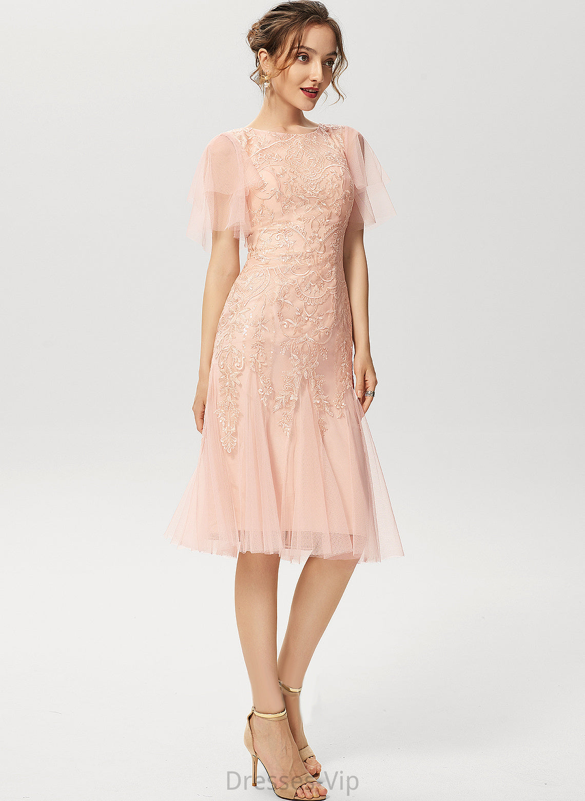 Tulle Lace Cocktail Trumpet/Mermaid Cocktail Dresses Lauren Knee-Length Dress Sequins Neck Scoop With