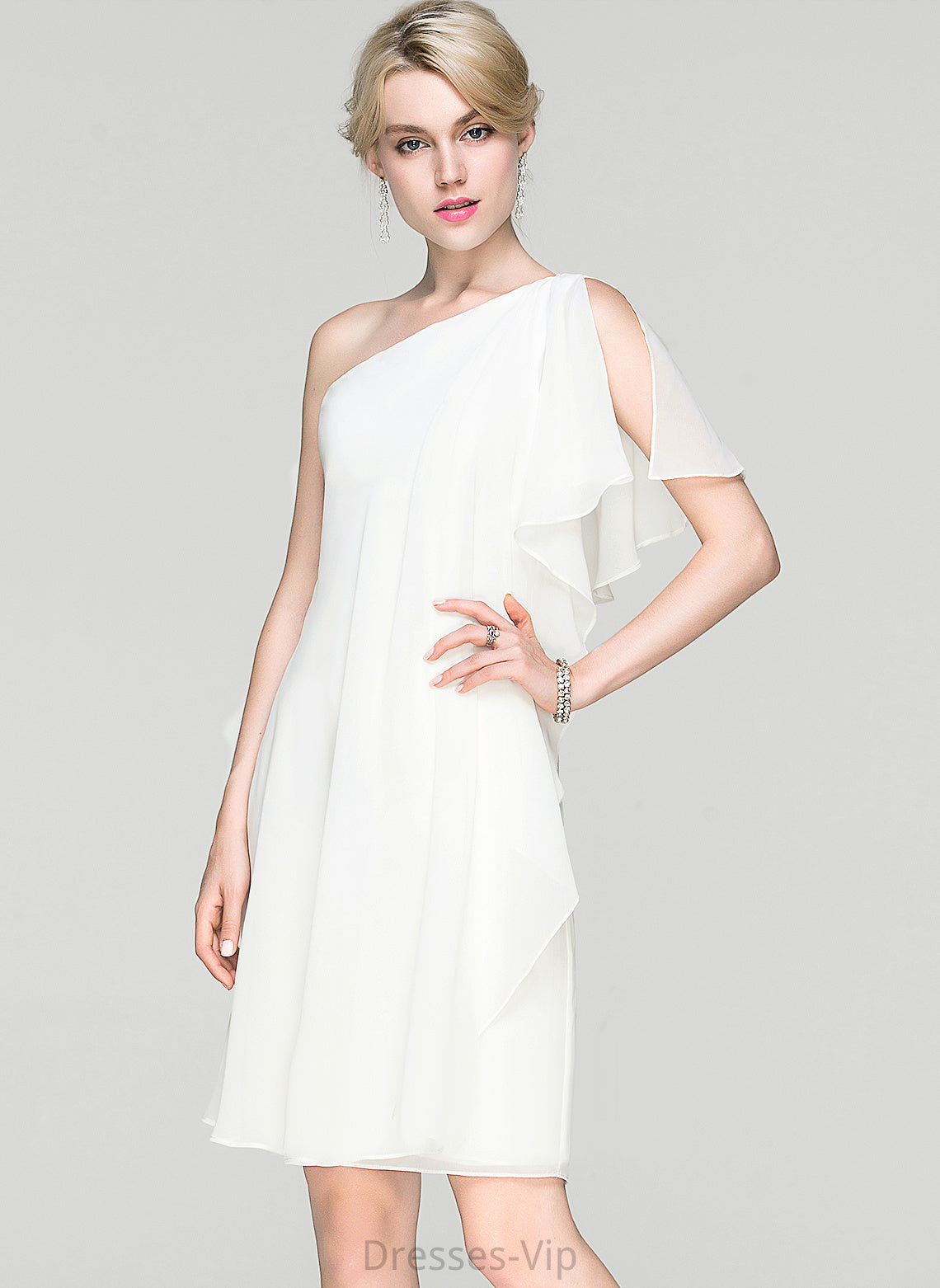 Mayra Dress One-Shoulder With Ruffle Knee-Length Chiffon Sheath/Column Cocktail Cocktail Dresses