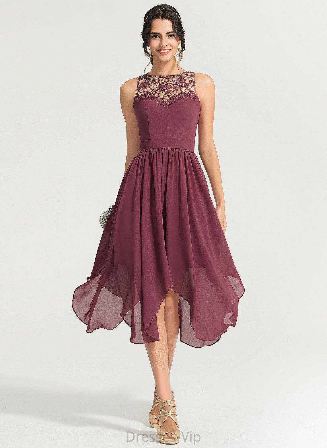 Ashly A-Line Dress Cocktail Scoop Chiffon Asymmetrical Cocktail Dresses Lace Neck