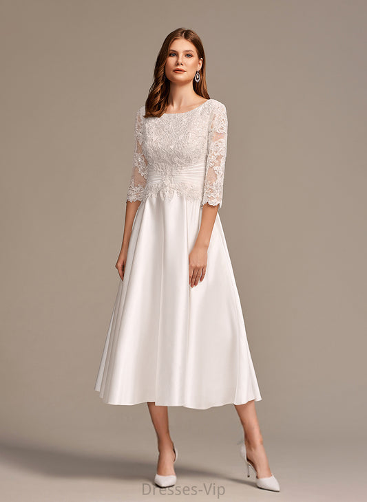 Wedding Dresses Lace Scoop A-Line Wedding Satin Tea-Length Elisabeth Dress