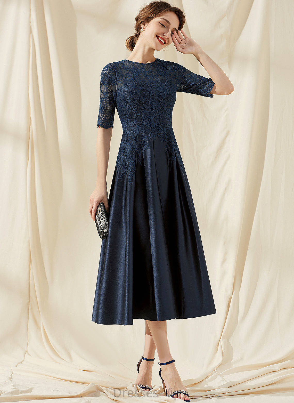 Cocktail Chana Lace Tea-Length Cocktail Dresses Scoop Neck Satin A-Line Dress