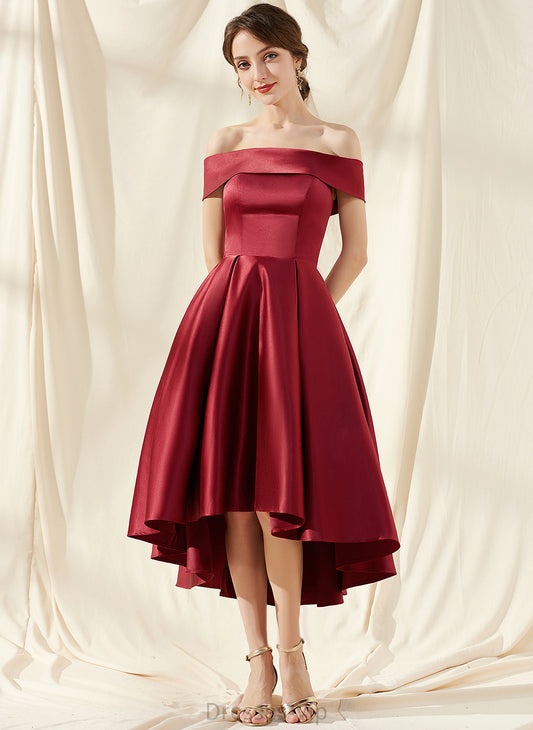 Tori Cocktail Dresses Asymmetrical Cocktail Pockets Satin With A-Line Off-the-Shoulder Dress