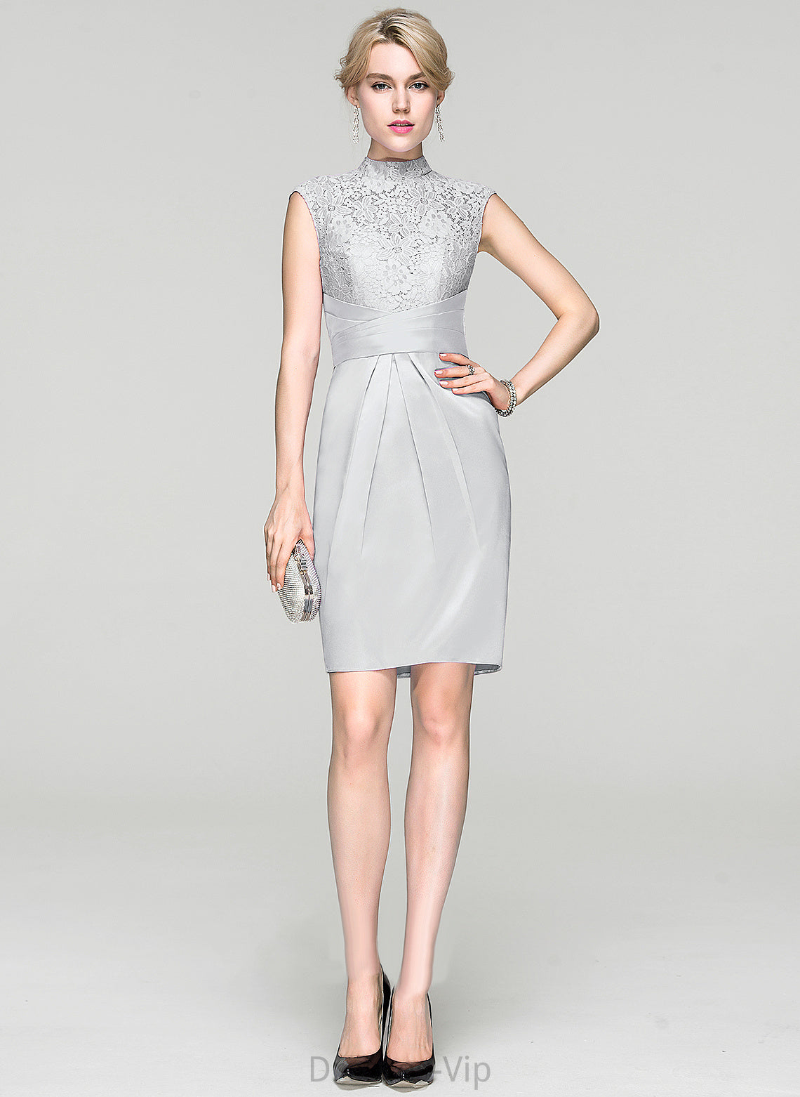 Cocktail Dresses Knee-Length Cristal Cocktail Lace Charmeuse With High Neck Dress Ruffle Sheath/Column