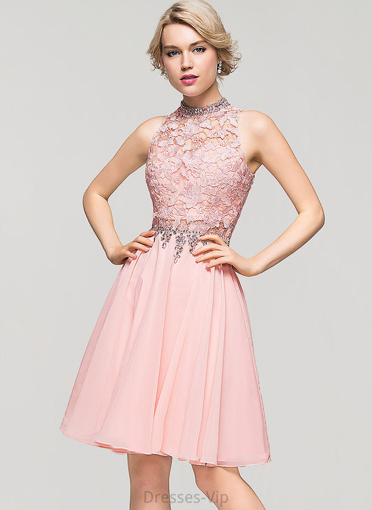 Homecoming Chiffon Neck With High Chelsea Knee-Length A-Line Beading Sequins Homecoming Dresses Lace Dress