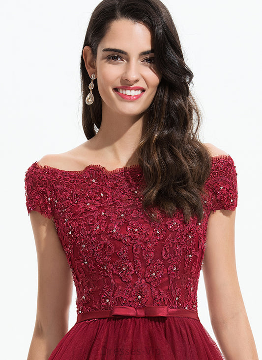 Brylee Off-the-Shoulder Lace Tulle Asymmetrical Bow(s) Beading Dress With Cocktail A-Line Lace Cocktail Dresses