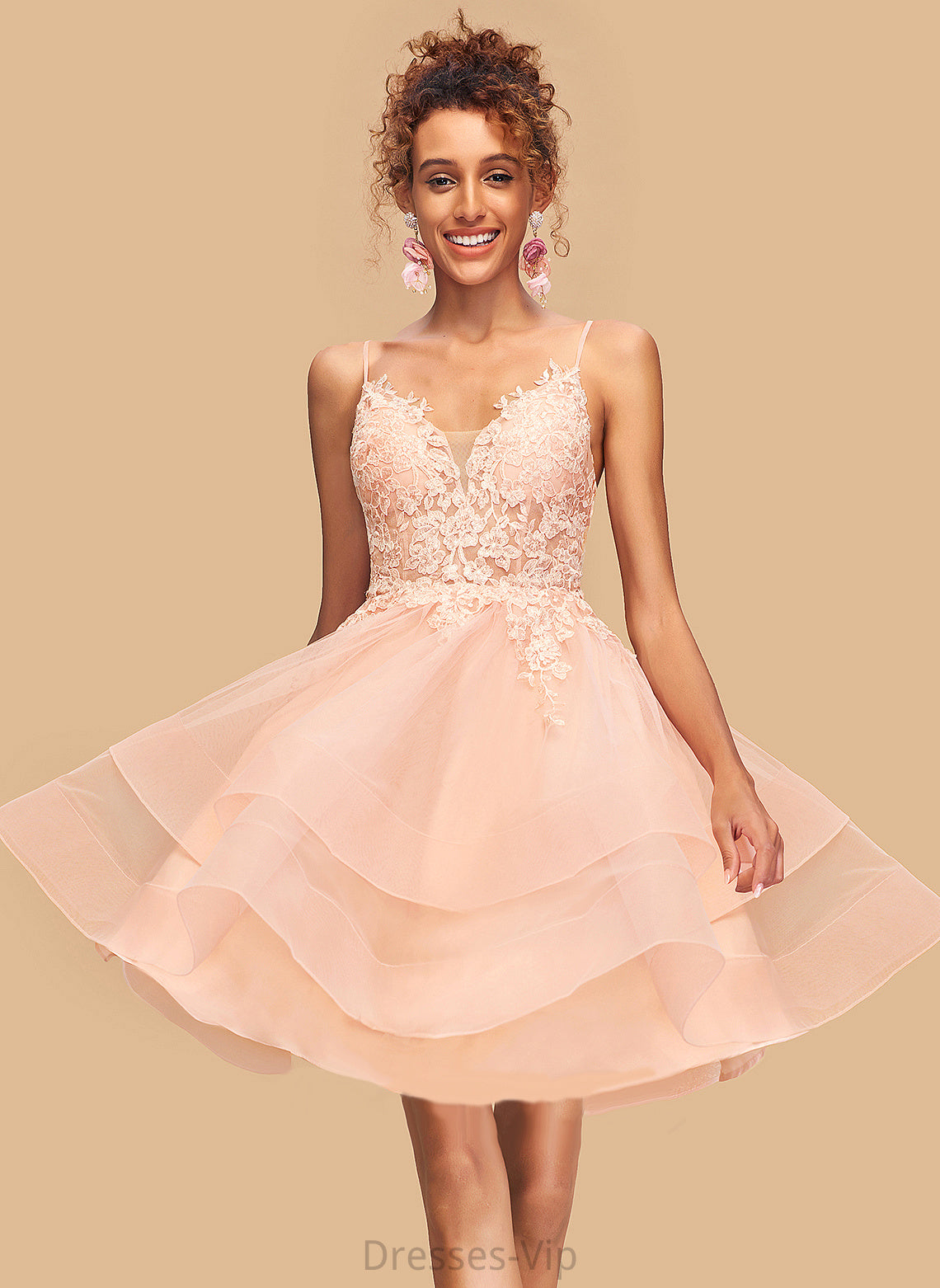 Homecoming Lace V-neck Short/Mini A-Line Homecoming Dresses Emilia Tulle With Dress