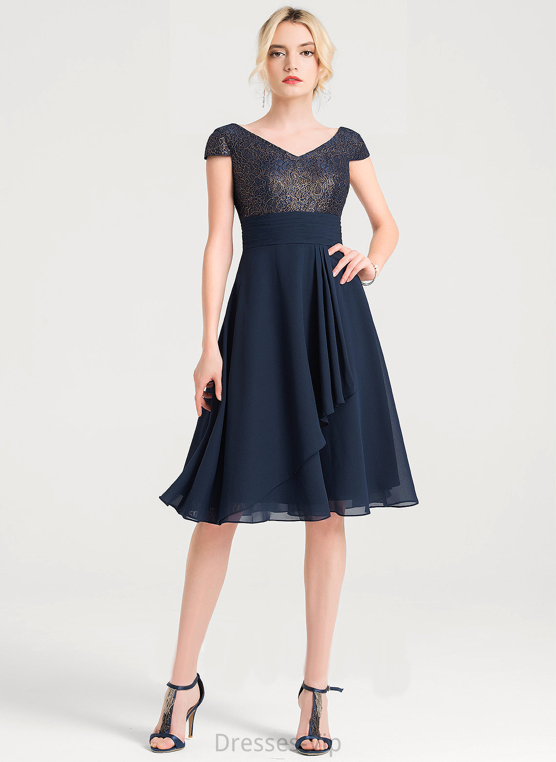 Jayden Cascading Knee-Length V-neck Dress Ruffles A-Line Chiffon With Lace Cocktail Cocktail Dresses