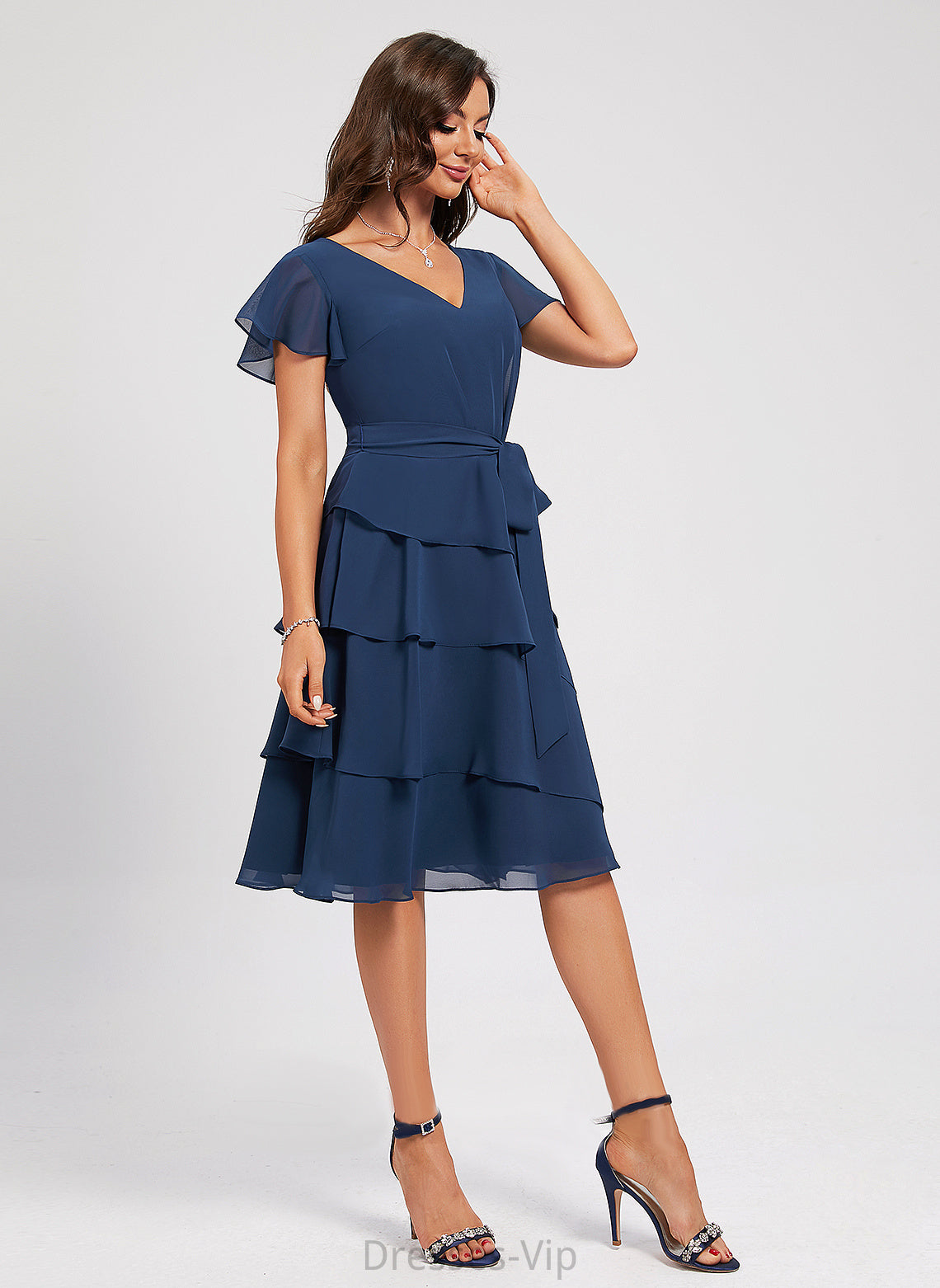 Serena A-Line Chiffon Cocktail Dresses V-neck Ruffle Sash Cocktail With Dress Knee-Length